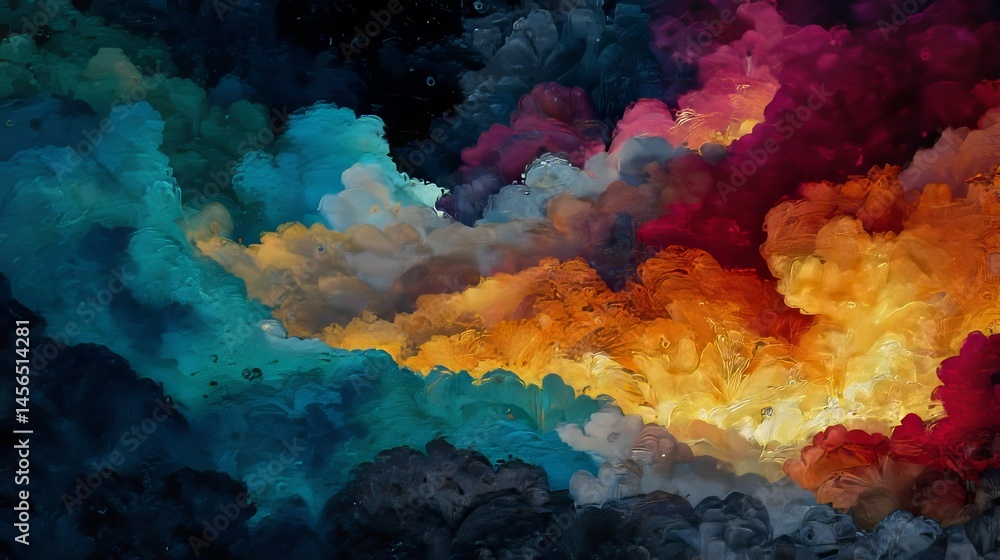 Poster the image features abstract surreal clouds in shades of blue and orange, characterized by expressive