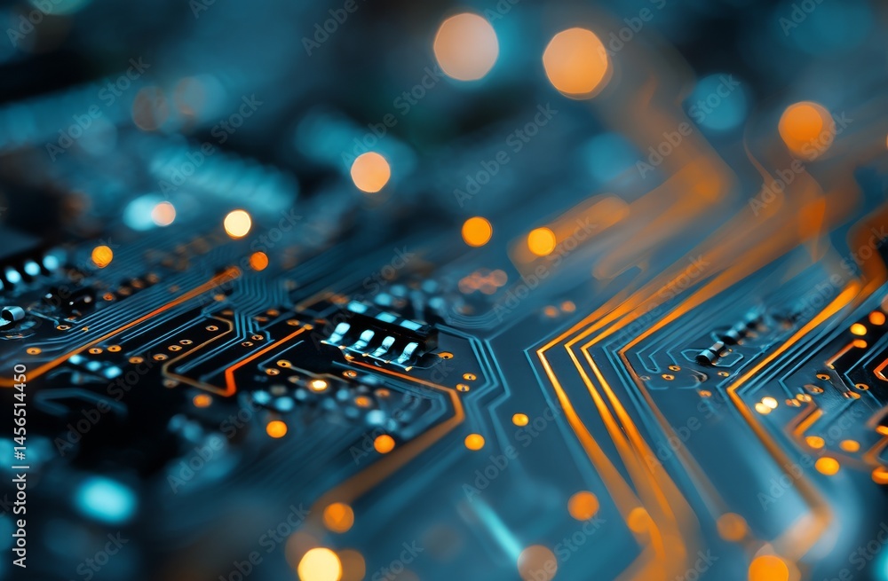 Poster an electronic circuit board with computer microchips and processors serves as a macro shot backgroun