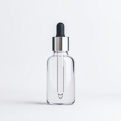 A clear dropper bottle with transparent label on white background, representing natural skincare branding in a clean layout.