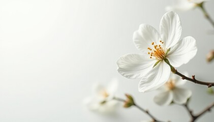 Fototapeta premium Delicate white blossom against pure white backdrop, organic, white