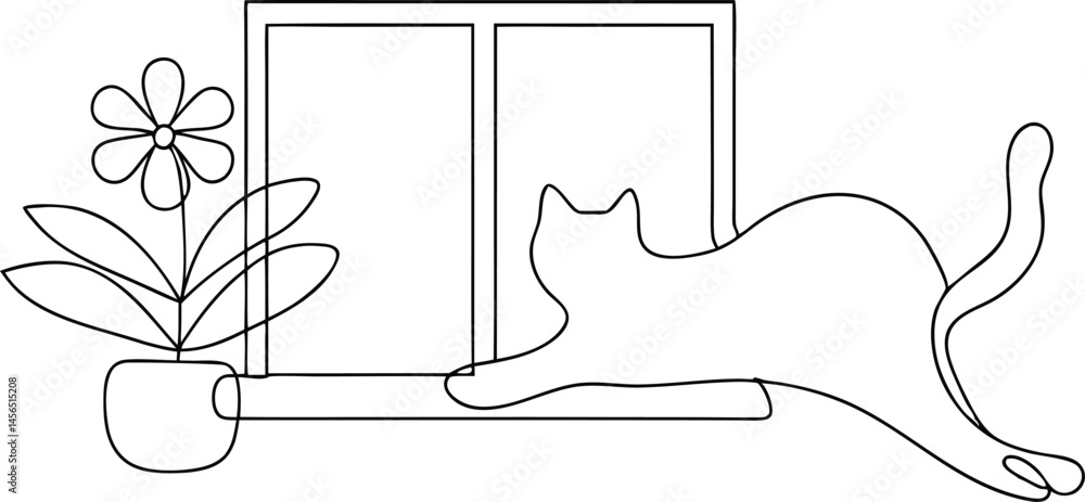 Poster continuous one line drawing of a cat stretching lazily on a windowsill with a flower pot, minimal an