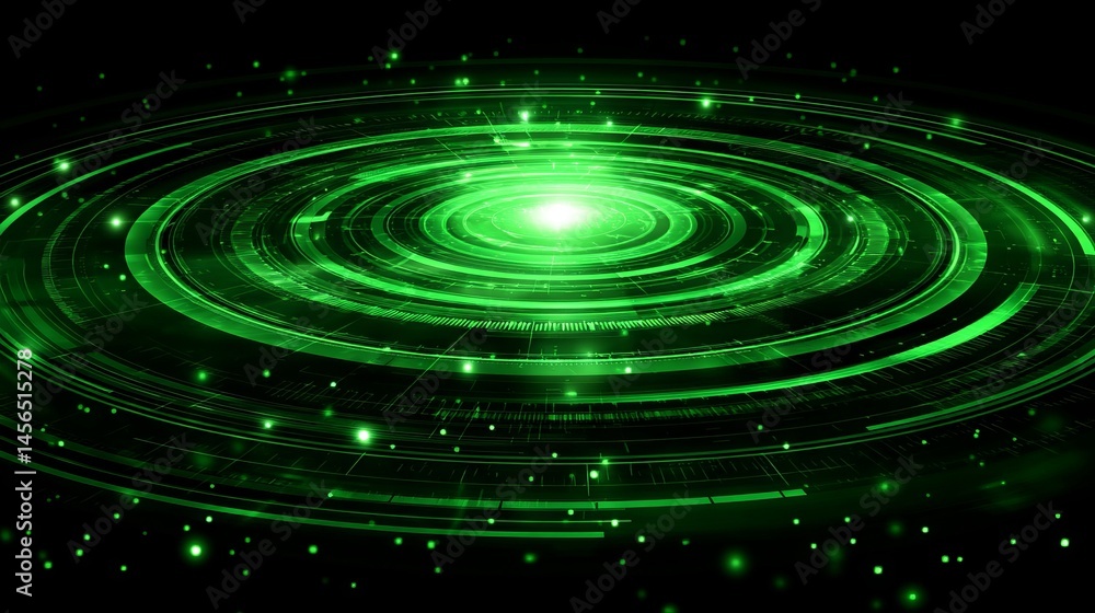Poster a futuristic digital tunnel featuring green hues, concentric circular patterns, and radiant lines sy
