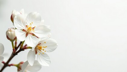 Delicate white flower blossoms against pure white backdrop, simplicity, soft