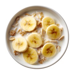 A bowl of cereal with sliced bananas and milk on a white background in a top down studio shot