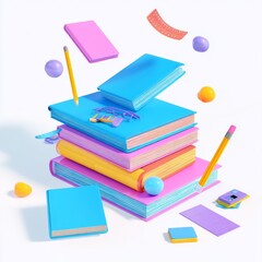 A 3D rendering of a stack of books and educational materials set against a white backdrop, symbolizing the back to school idea