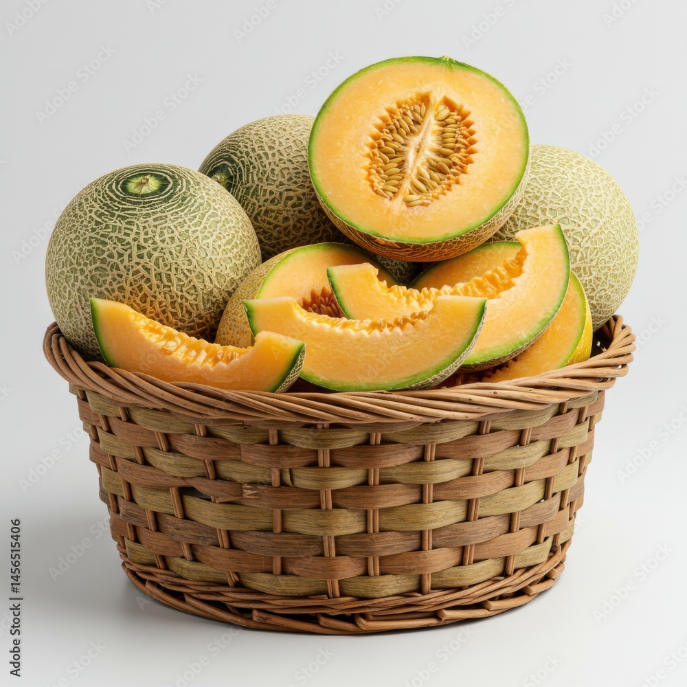 Poster a basket filled with whole and sliced cantaloupes on a white background in a studio setting