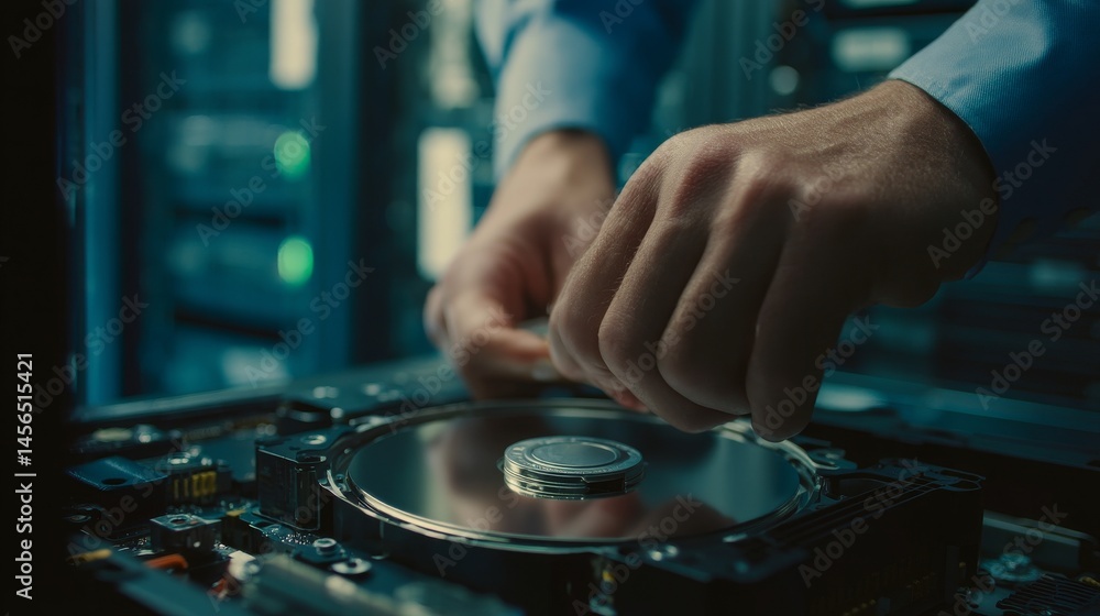 Poster in a modern data center, an it engineer is captured in a close-up shot while installing new hardware