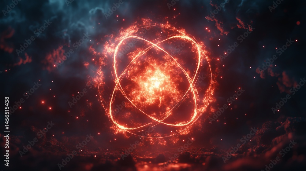 Poster geometric and mathematical symmetric and spherical atomic cloud with a red glow from.