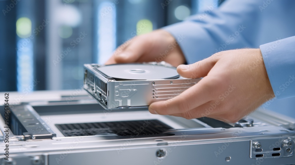 Poster in a modern data center setting, a close-up shot focuses on an it specialist who is tasked with inst