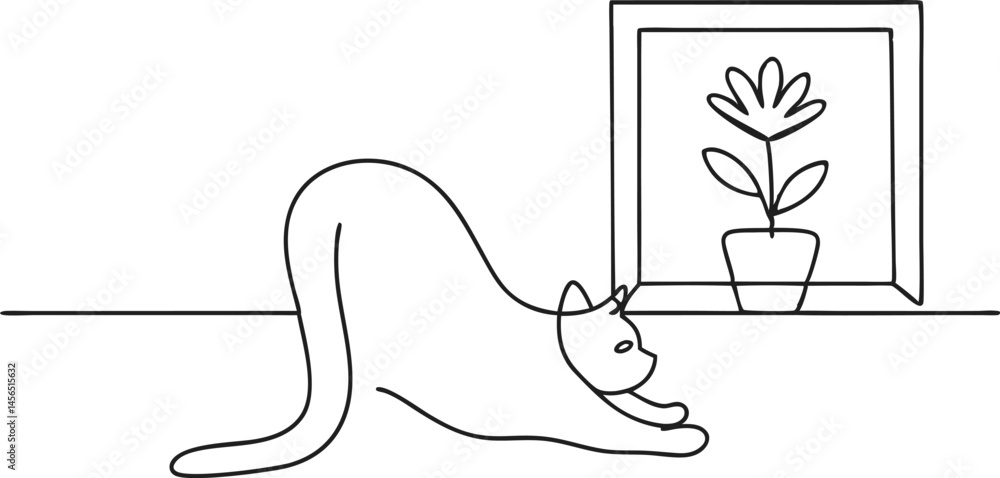 Poster continuous one line drawing of a cat stretching lazily on a windowsill with a flower pot, minimal an