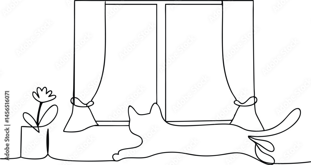 Poster continuous one line drawing of a cat stretching lazily on a windowsill with a flower pot, minimal an
