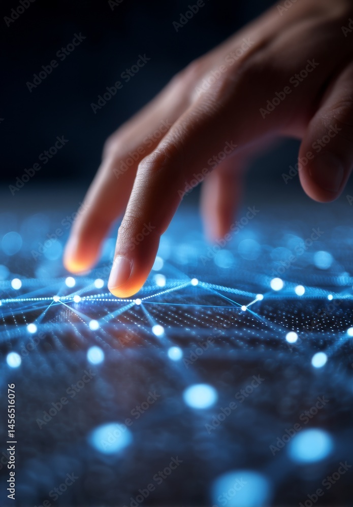 Poster executive using three-dimensional digital network links shown as floating dots and lines