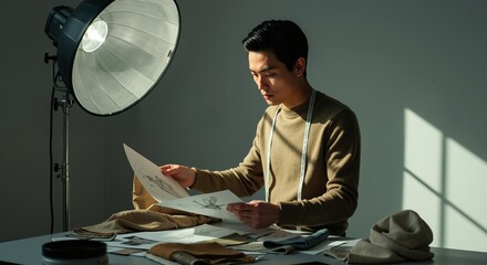 fashion designer examining sketches in studio with beauty dish light. Man in beige sweater with measuring tape reviewing clothing designs. Creative professional with fabric samples. Artistic workspace