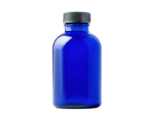 Blue glass bottle suitable for essential oils and liquid storage, cut out