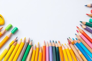 Fototapeta premium The back to school concept is illustrated by a frame of school supplies positioned on a white background, captured from an overhead perspective and incorporating copy space