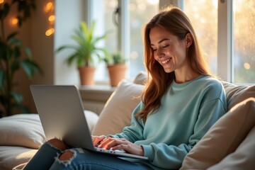 Fototapeta premium Modern woman at leisure. Young smiling woman blue sweater using laptop