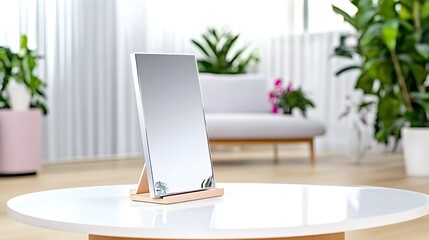 A freestanding rectangular mirror with a light wooden stand sits on a white round table in a bright, plant-filled living room