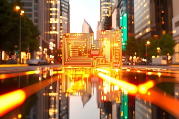 Obraz premium A glowing circuit board rests on a city street, reflecting in a puddle, illuminated by orange lines