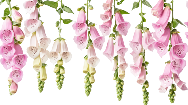 Vertical rows of foxglove flowers, colorful foxglove flowers, arranged vertically and hanging, the beauty of vertical foxglove flowers, foxglove flowers of different colors, on a transparent backgroun