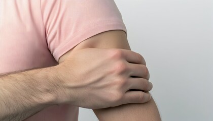 A man gently massages his aching upper arm, experiencing discomfort or pain