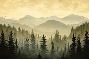 Fototapeta premium Misty Fir Forest in Vintage Retro Style