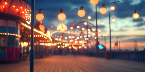 Night Lights at the Boardwalk Amusement Park and Beach Scene