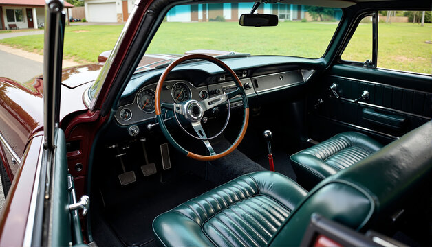 Classic Car Interior Showcase at Auto Show, emphasizing the vintage details and luxurious materials; suitable for advertising classic car restoration or insurance.  