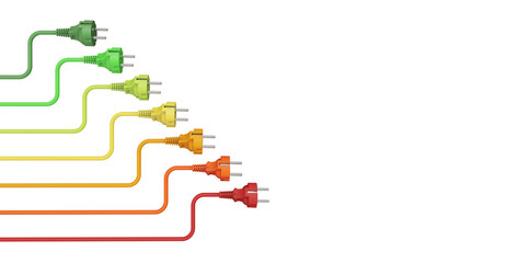 Power plugs colored from energy efficiency colors, symbolizing the energy rating concept. Isolated on a transparent background. 3d illustration.