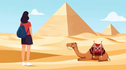 Obraz premium Adventurer in the Egyptian desert admiring the pyramids with a majestic camel