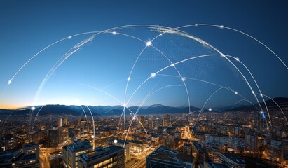 In the heart of a modern city, the concept of wireless network connections and advanced connection technology comes alive, especially when viewed against the vibrant nighttime cityscape