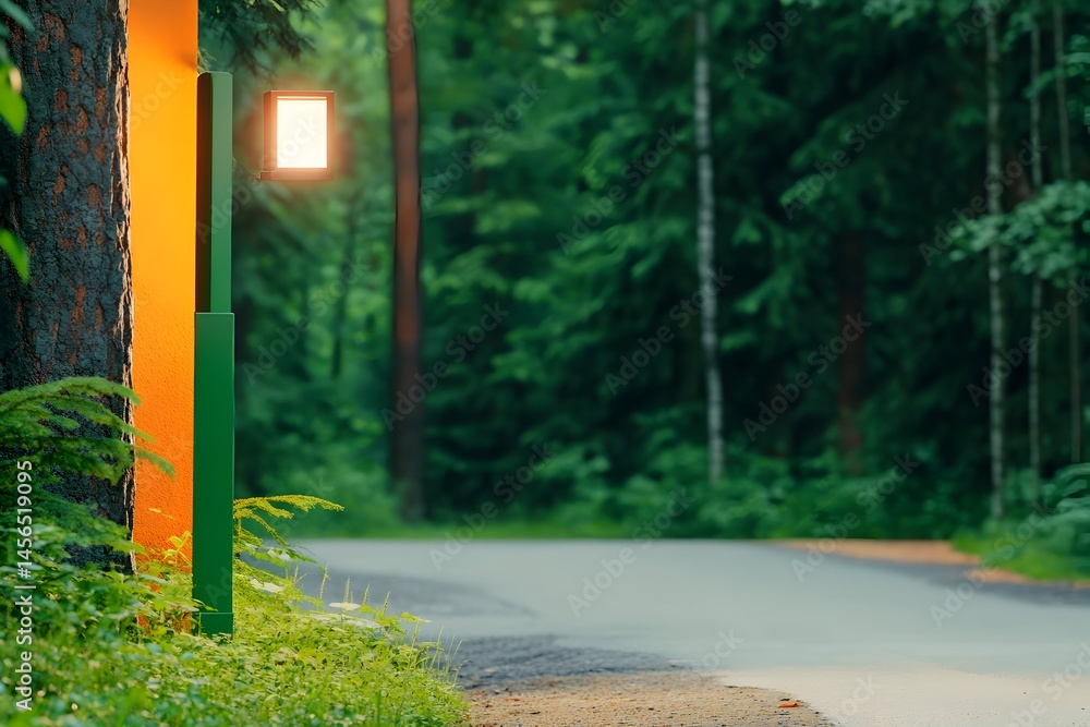 Poster a tranquil forest path gently curves, illuminated by a small, square lamp post near a tree