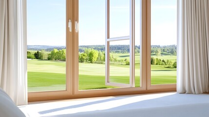 A tranquil scene viewed from a bedroom window; sunlight streams in, illuminating a bed and showcasing a picturesque landscape of lush greenery and rolling hills