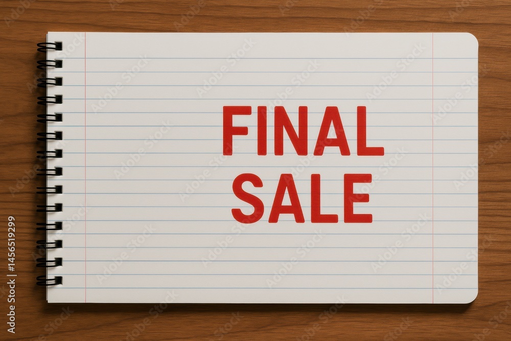 Poster promotional announcement for final sale displayed on a spiral notebook on a wooden surface generativ