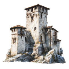 Majestic Stone Castle on a Rocky Cliff on a white background.