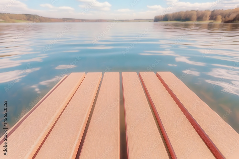 Poster calm lake scene with four wooden planks extending from the bottom of the image into the tranquil wat