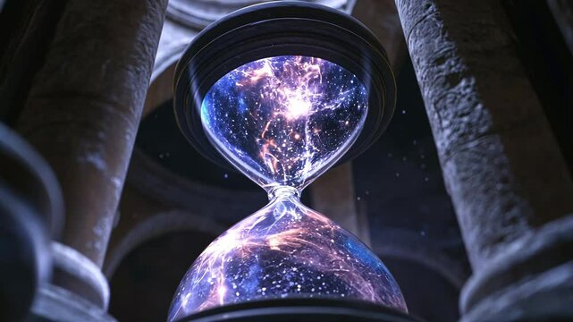 Cosmic hourglass reveals universe within mystical structure at night