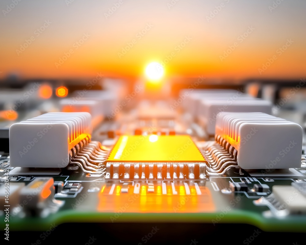 Aufkleber close-up of a circuit board with a central processor, bathed in the warm glow of a setting sun. the 