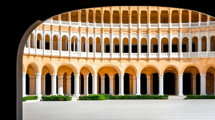 Naklejka premium Circular courtyard with tiered arches and columns, viewed through a dark archway. Sunlight illuminates the pale yellow stonework