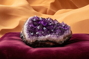 A stunning amethyst geode, vibrant purple crystals nestled in a dark matrix, rests on a rich velvet cushion.