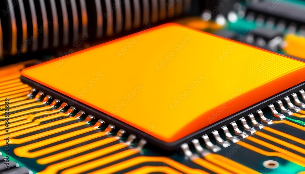 Aufkleber close-up of a vibrant orange processor chip on a circuit board, showcasing intricate circuitry and m