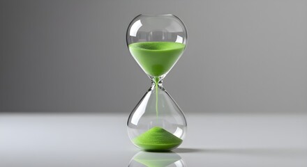 Minimalist Clear Glass Hourglass with Bright Green Sand Flowing on Light Background