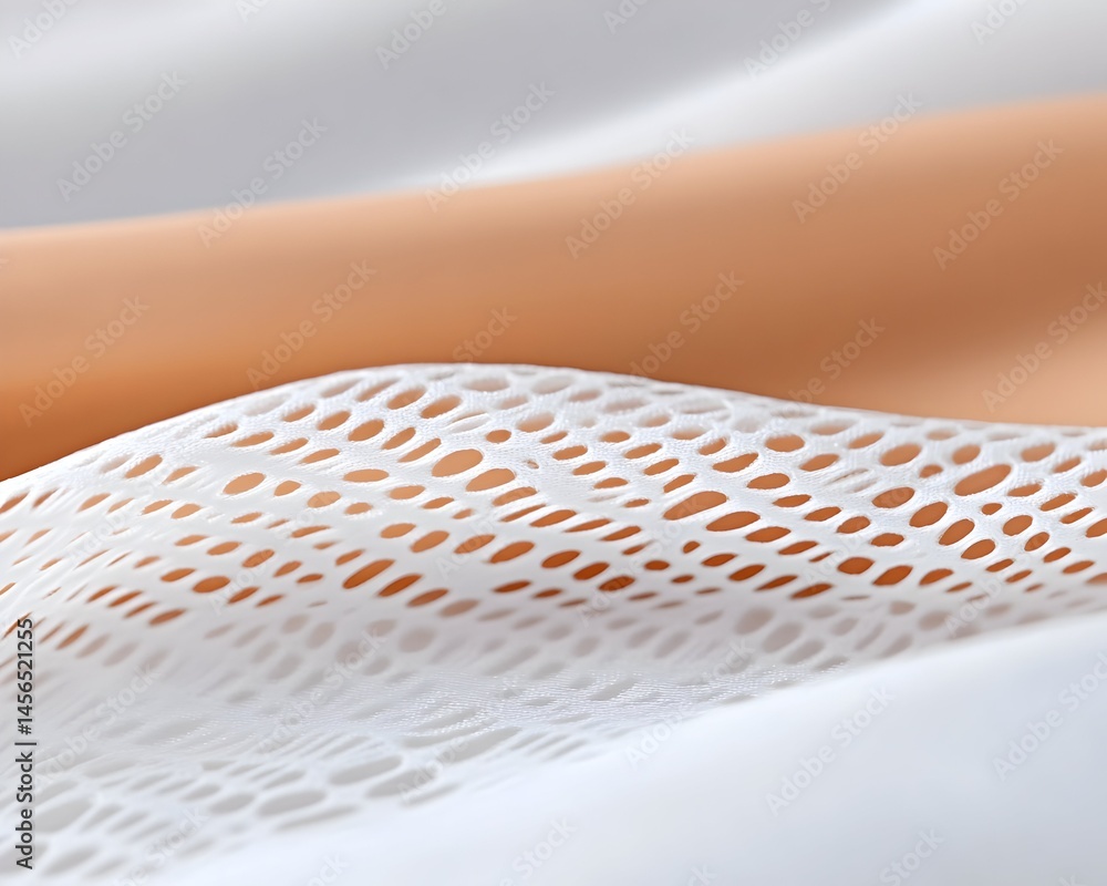Aufkleber close-up of textured fabric, showing a pattern of perforated, oval-shaped cutouts on a wave-like sur