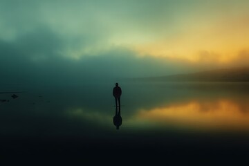As the sun dips below the horizon, a businessman is walking on the water, reflected in a strange and surreal landscape