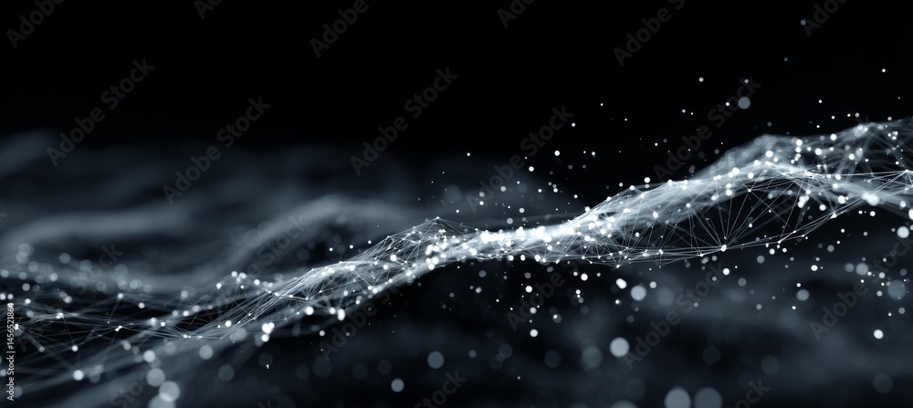 Poster a futuristic abstract mesh is depicted, featuring a wave formed by the connection of dots and lines,