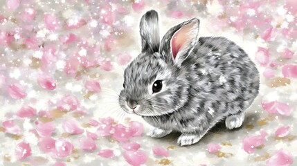 Fototapeta premium Adorable gray rabbit among pink flower petals