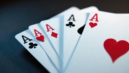 Playing cards arranged in a row showing the four aces , straight, hearts