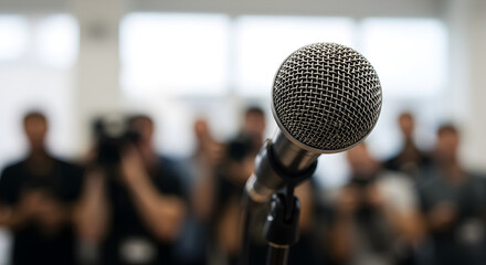 Microphone on Stand with Blurred Audience Background in a Bright Lit Room Ready for Presentation