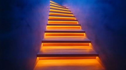 Illuminated staircase with warm lights, creating a captivating and striking visual effect.