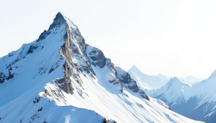 Obraz premium Snow-covered mountain peak against a bright white sky, pure, high altitude