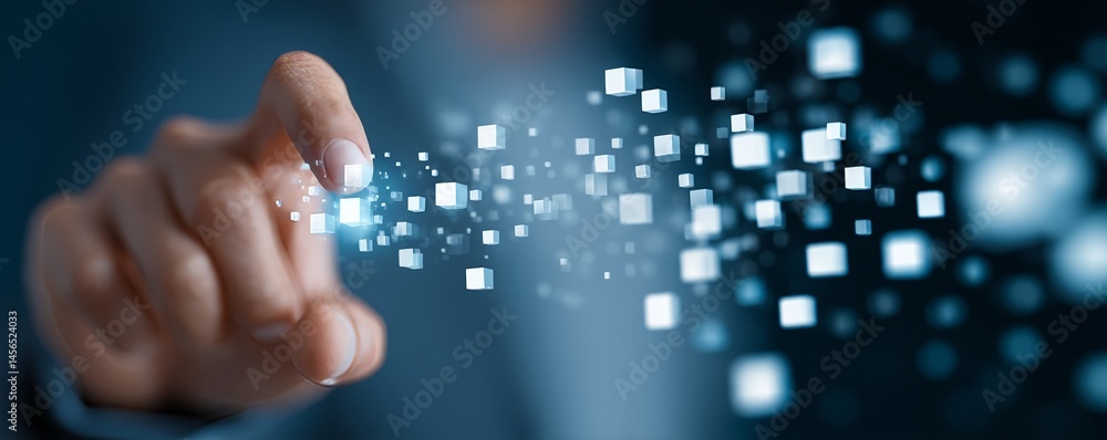Poster the concept of blockchain technology is depicted as a businessman interacting with a virtual represe